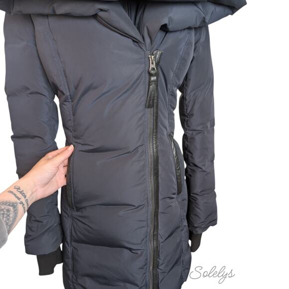 Mackage Kay Down Water Resistant Long Hooded Signature Collar Coat Navy Blue XS - Picture 13 of 14